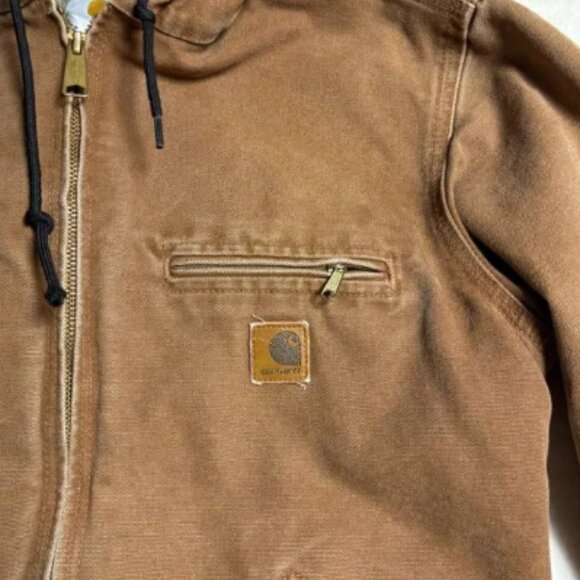 Carhartt Hooded Canvas Jacket Small Sherpa Lined Brown J141 Workwear Distressed - Picture 6 of 16